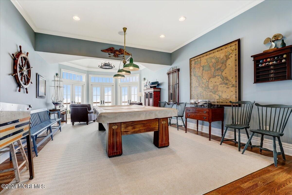Billiard Table, Game Room, Interior, Pendant Lights, Recessed Lighting, Wood Texture Flooring