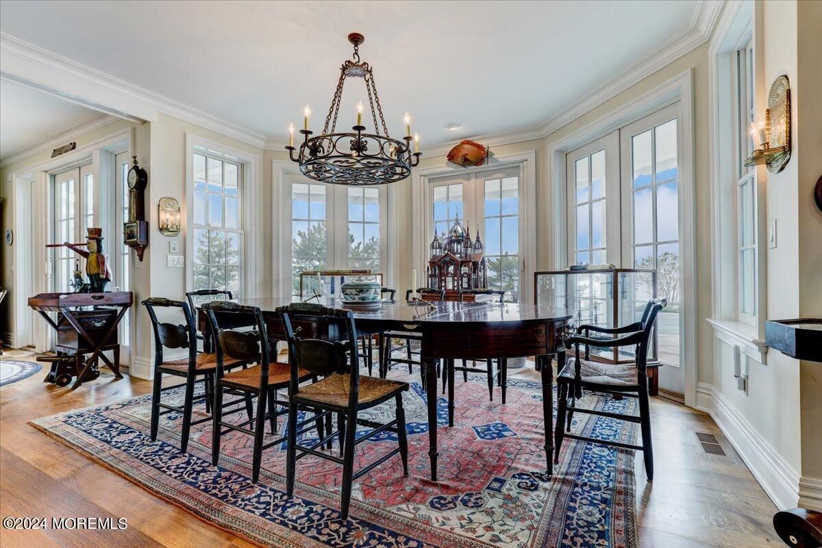 Chandelier, Dining room, Interior, Wood Texture Flooring