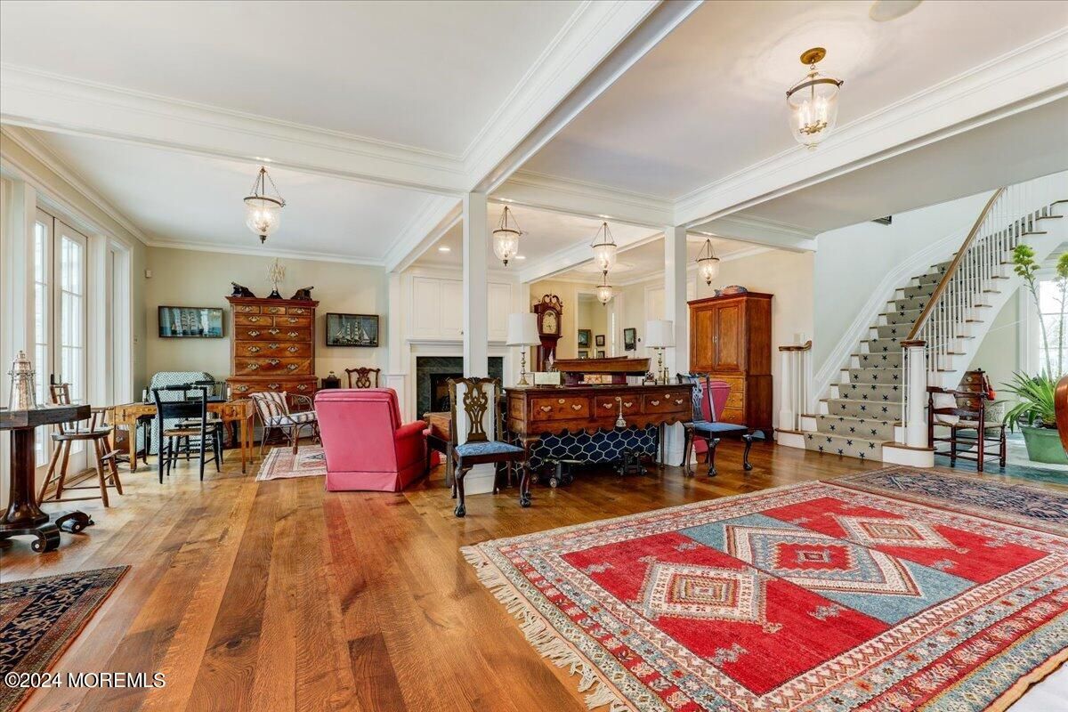 Fireplace, Interior, Living room, Pendant Lights, Wood Texture Flooring
