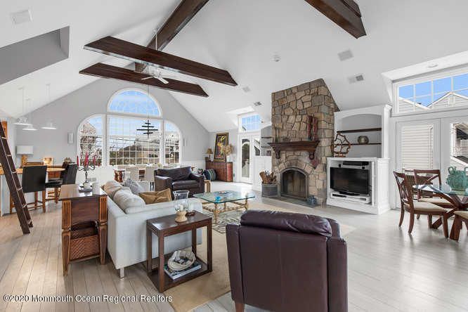 Dining room, Fireplace, Interior, Living room, Pendant Lights, Stone Walls, Wooden Beams, Wood Texture Flooring