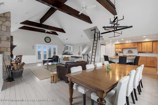 Dining room, Fireplace, Interior, Kitchen, Living room, Pendant Lights, Recessed Lighting, Wooden Beams, Wood Texture Flooring