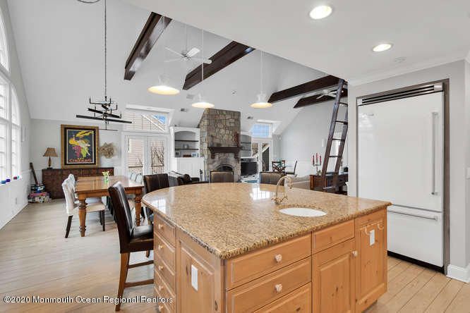 Dining room, Fireplace, Interior, Kitchen, Living room, Pendant Lights, Recessed Lighting, Wooden Beams, Wood Texture Flooring