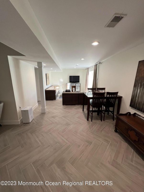 Dining room, Interior, Recessed Lighting, Wood Texture Flooring