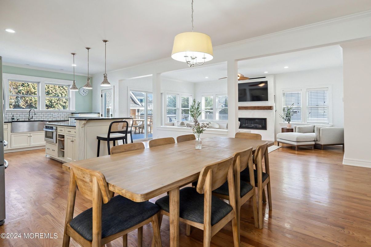 Dining room, Fireplace, Interior, Kitchen, Living room, Pendant Lights, Recessed Lighting, Wood Texture Flooring