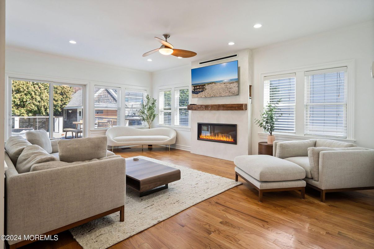 Fireplace, Interior, Living room, Recessed Lighting, Wood Texture Flooring