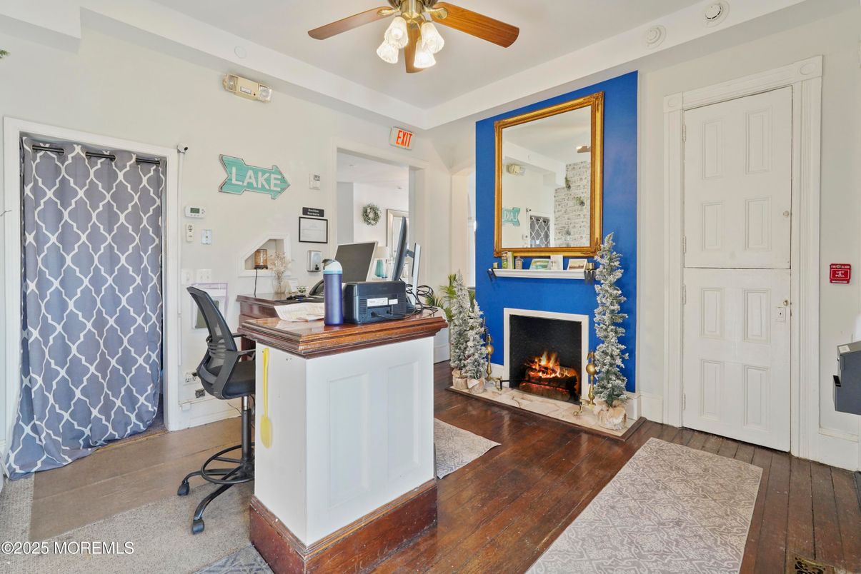 Fireplace, Home Office, Interior, Wood Texture Flooring