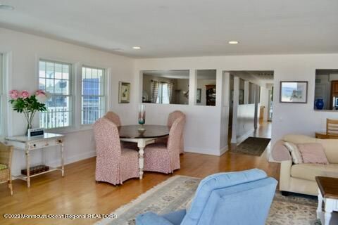 Dining room, Interior, Living room, Recessed Lighting, Wood Texture Flooring