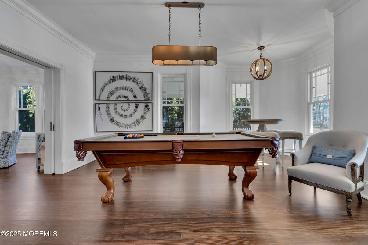 Billiard Table, Game Room, Interior, Pendant Lights, Wood Texture Flooring