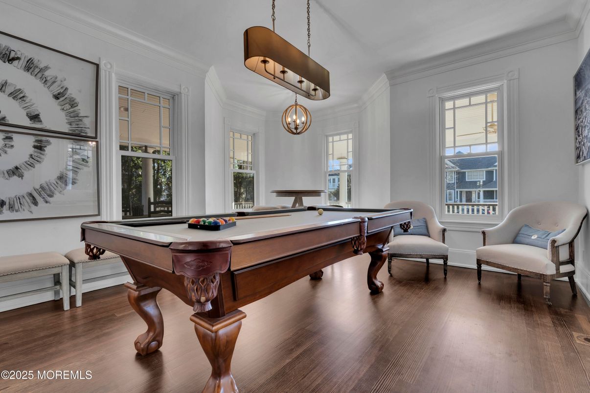 Billiard Table, Game Room, Interior, Pendant Lights, Wood Texture Flooring