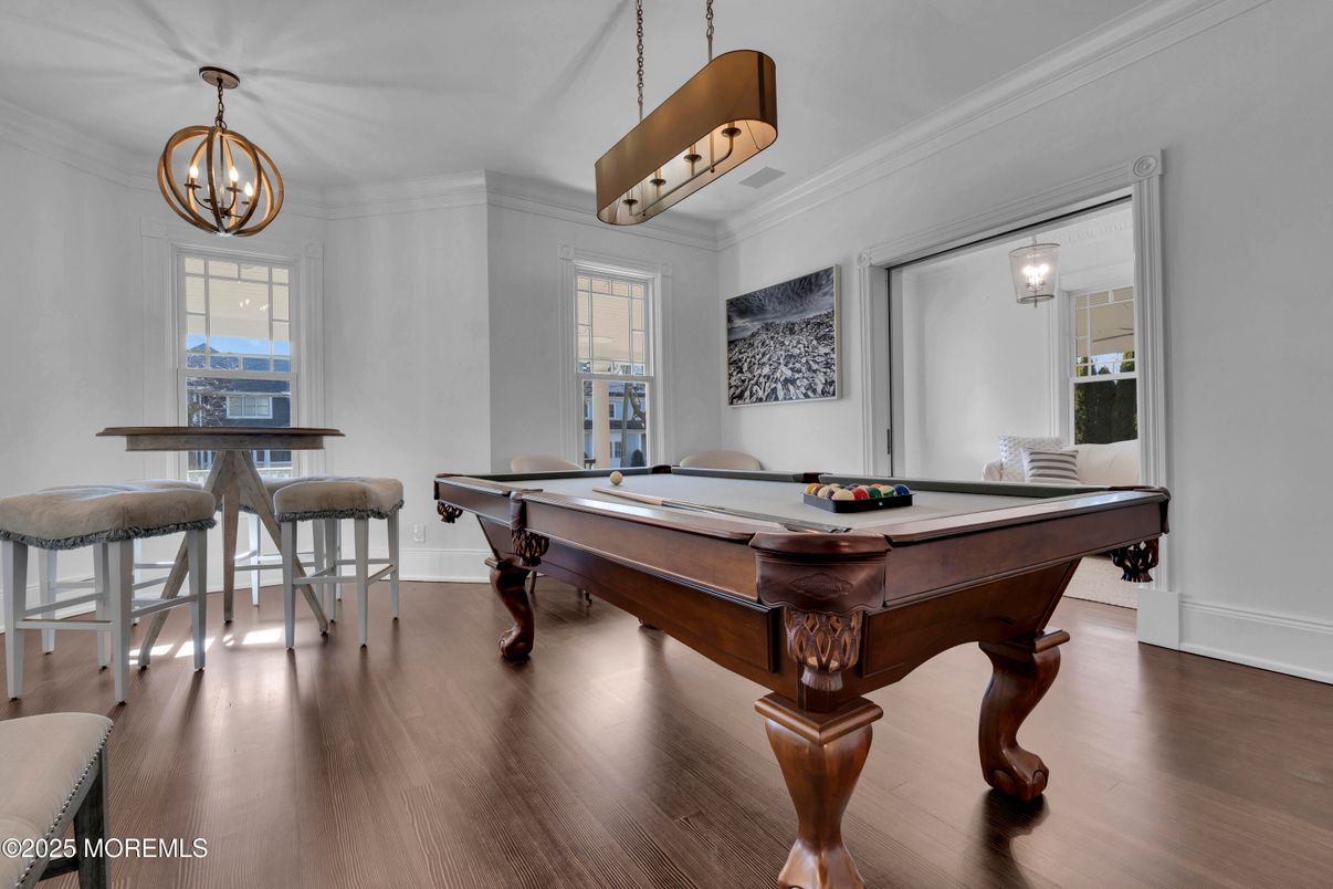 Billiard Table, Chandelier, Game Room, Interior, Pendant Lights, Wood Texture Flooring