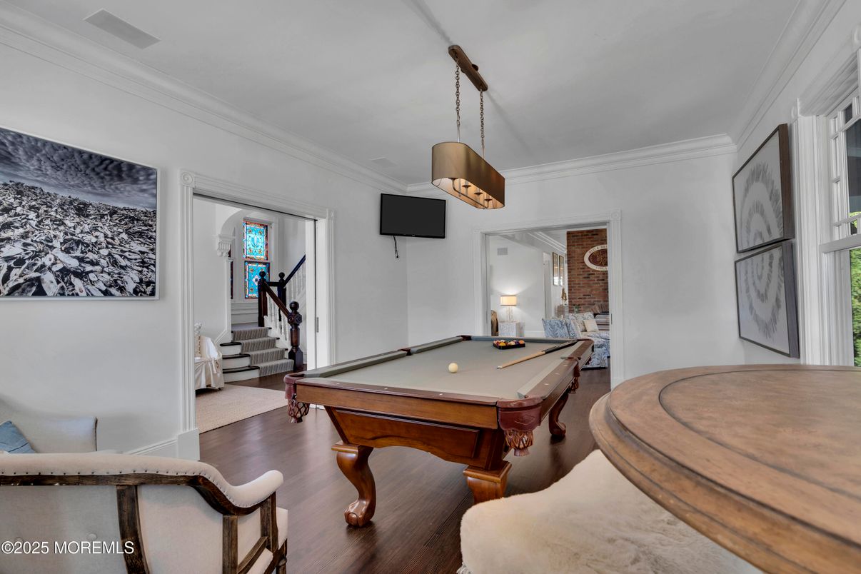 Billiard Table, Game Room, Interior, Pendant Lights, Wood Texture Flooring