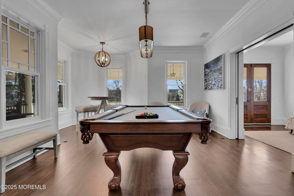 Billiard Table, Game Room, Interior, Pendant Lights, Wood Texture Flooring