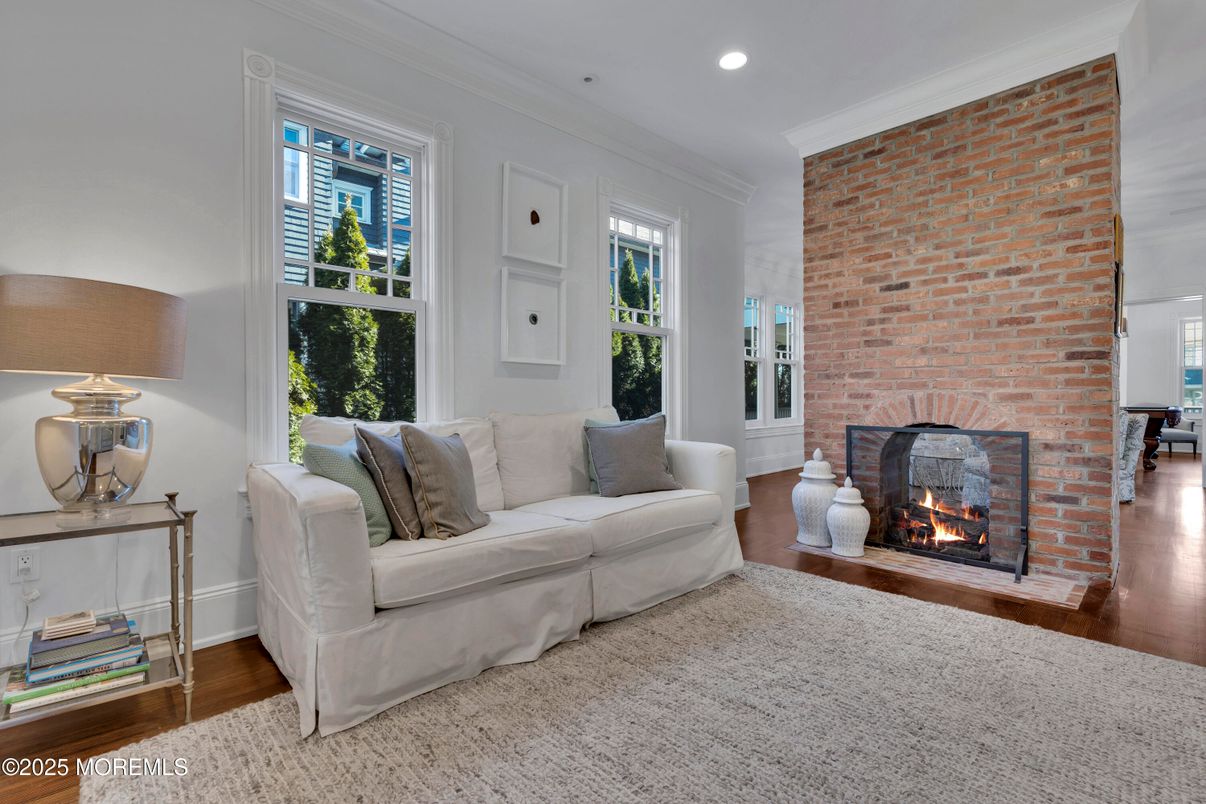 Fireplace, Interior, Recessed Lighting, Stone Walls, Wood Texture Flooring