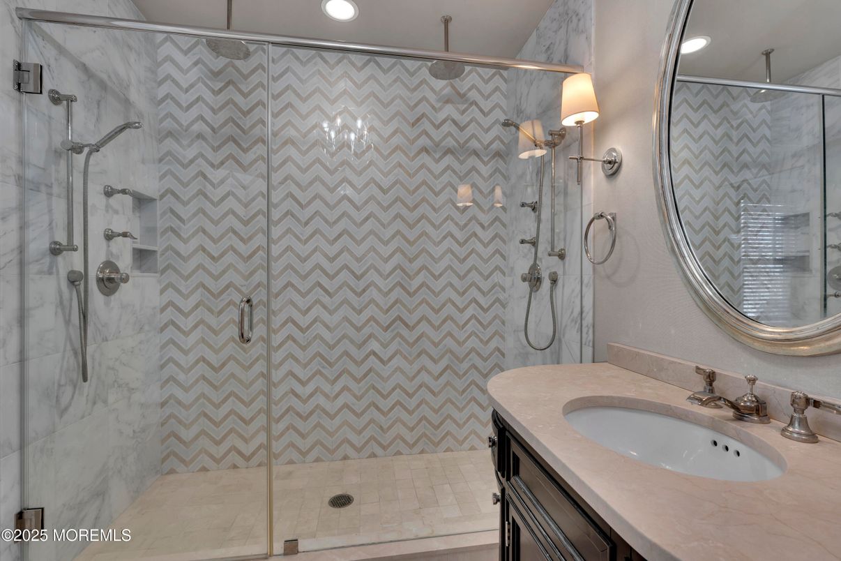 Bathroom, Glass Shower, Interior, Marble Walls, Recessed Lighting