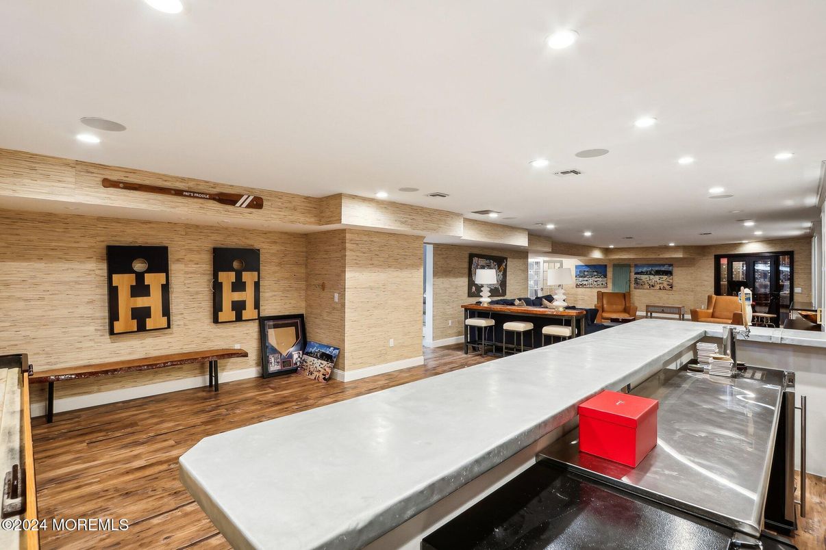 Dining room, Interior, Living room, Recessed Lighting, Stone Walls, Wood Texture Flooring