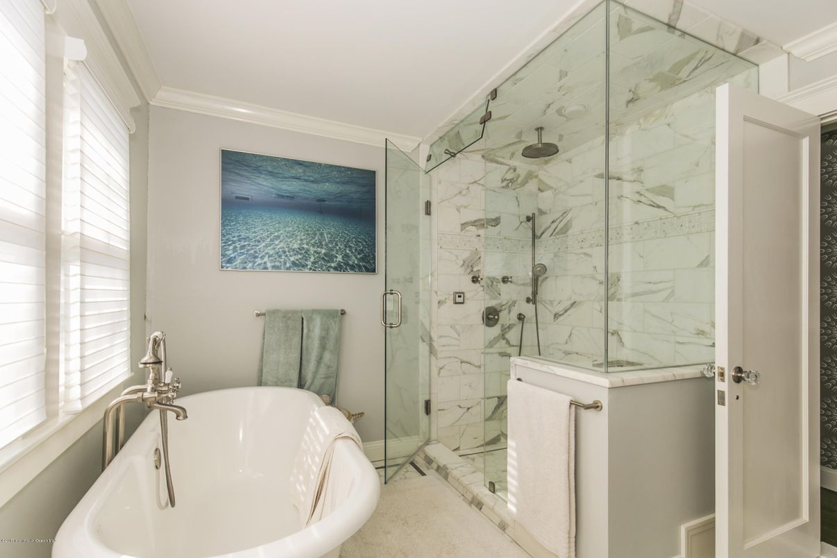 Bathroom, Free Standing Baths, Glass Shower, Interior, Marble Walls