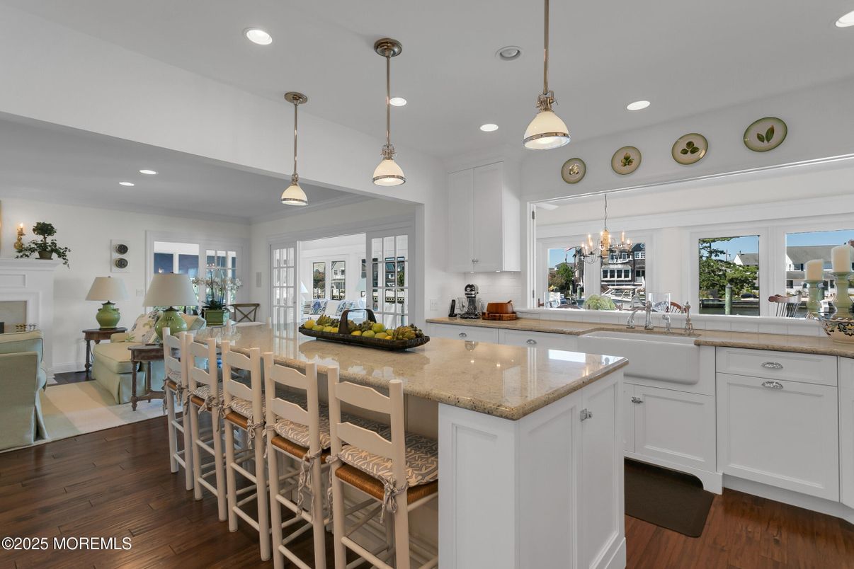 Dining room, Fireplace, Interior, Kitchen, Pendant Lights, Recessed Lighting, Wood Texture Flooring