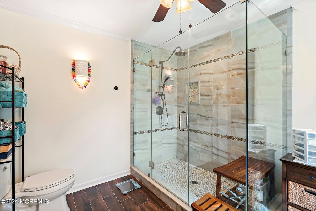 Bathroom, Glass Shower, Interior, Wood Texture Flooring