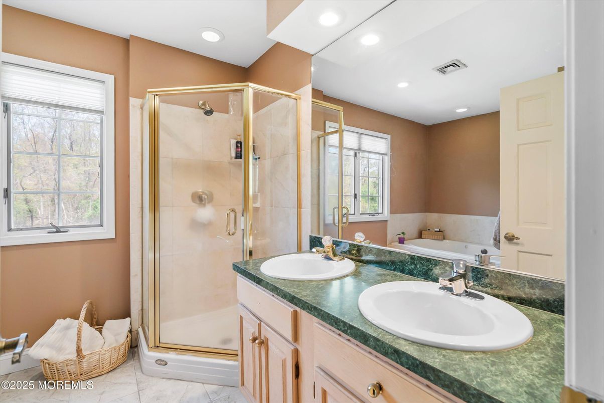 Bathroom, Dual Sink Vanities, Glass Shower, Interior, Recessed Lighting