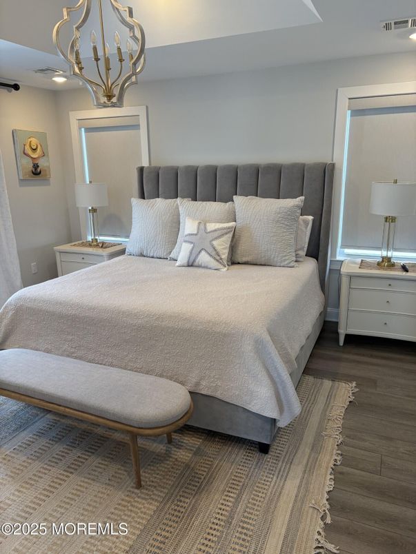 Bedroom, Chandelier, Interior, Recessed Lighting, Wood Texture Flooring