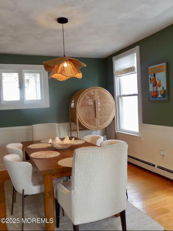 Dining room, Interior, Pendant Lights, Wood Texture Flooring