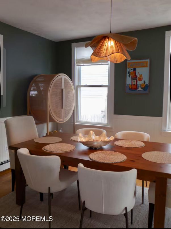 Dining room, Interior, Pendant Lights, Wood Texture Flooring