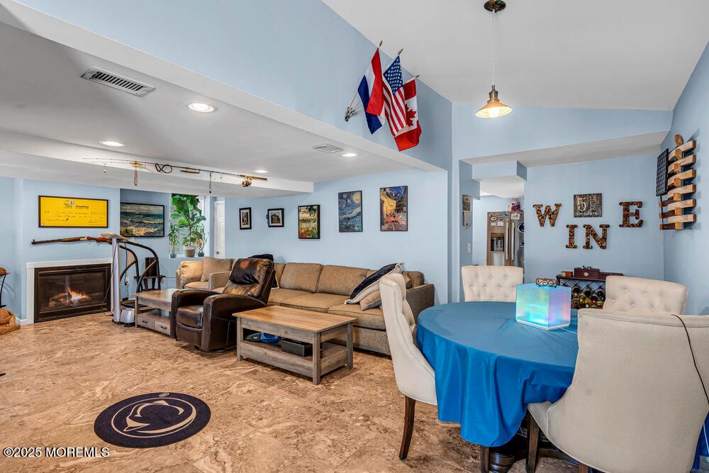 Dining room, Fireplace, Interior, Living room, Pendant Lights, Recessed Lighting