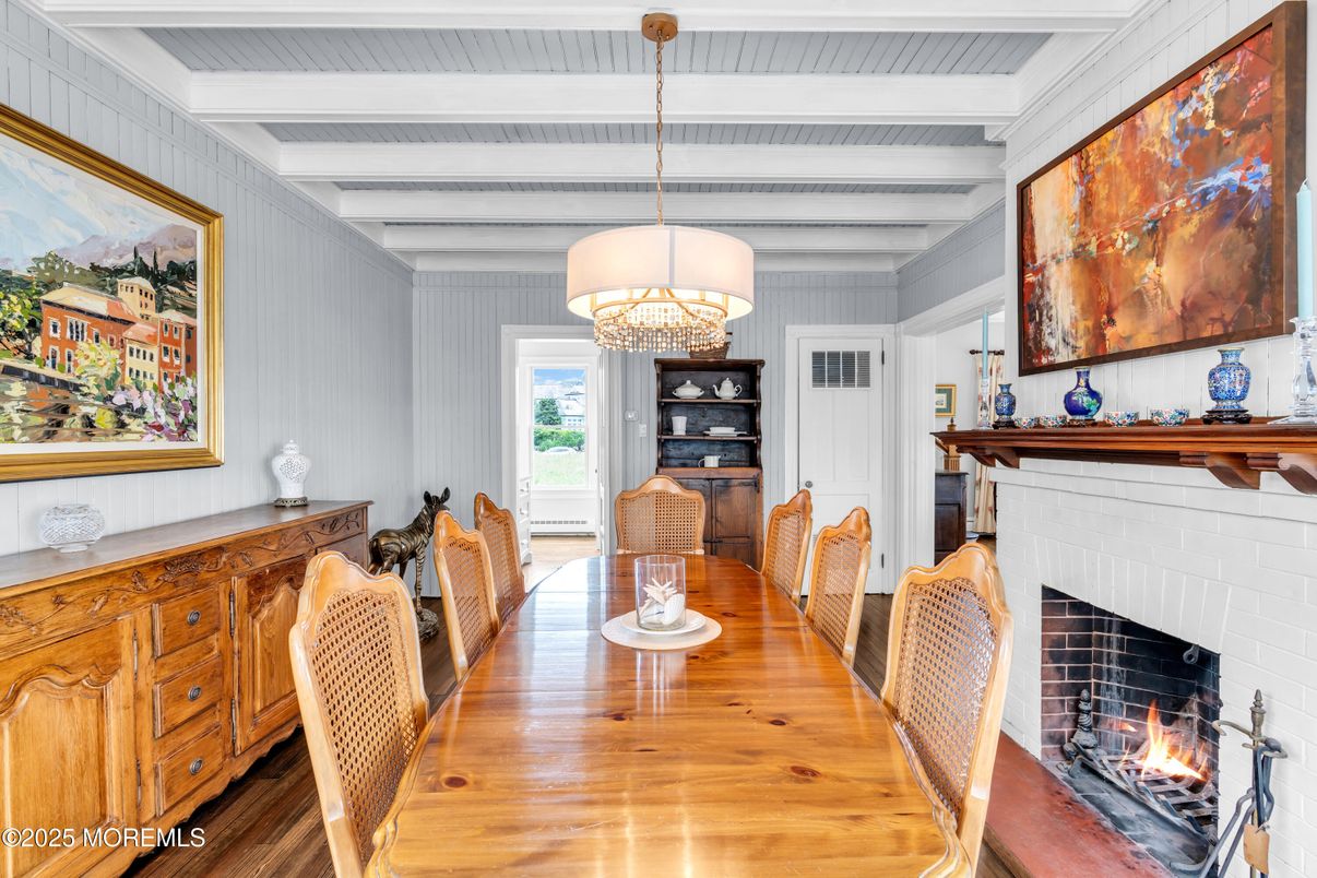Dining room, Fireplace, Interior, Pendant Lights