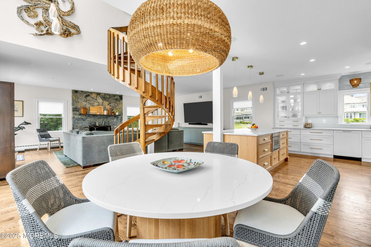 Dining room, Fireplace, Interior, Kitchen, Living room, Pendant Lights, Recessed Lighting, Stone Walls, Wood Texture Flooring