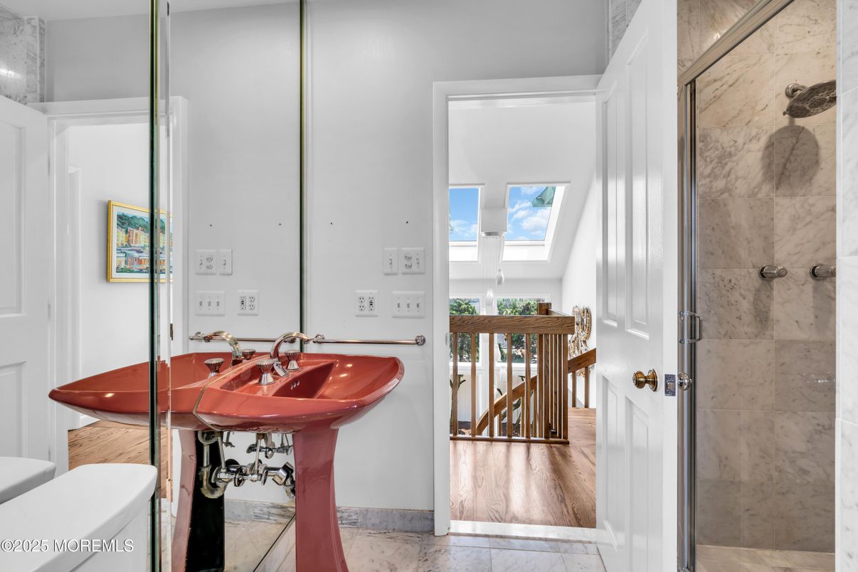 Bathroom, Interior, Marble Walls, Wood Texture Flooring