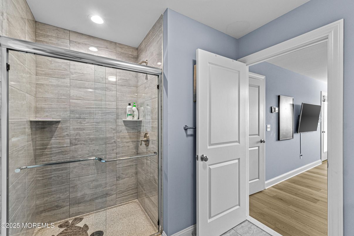 Bathroom, Glass Shower, Interior, Recessed Lighting, Wood Texture Flooring