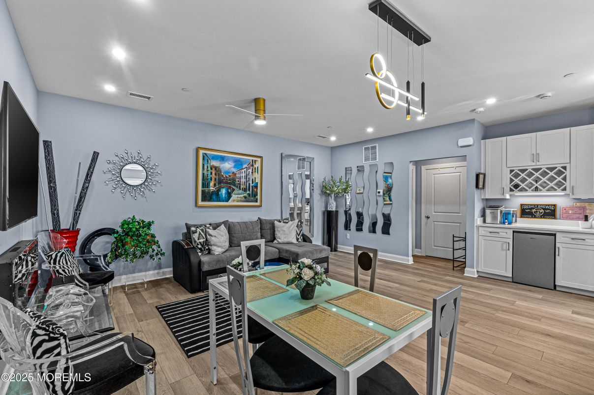 Dining room, Interior, Kitchen, Living room, Pendant Lights, Recessed Lighting, Wood Texture Flooring