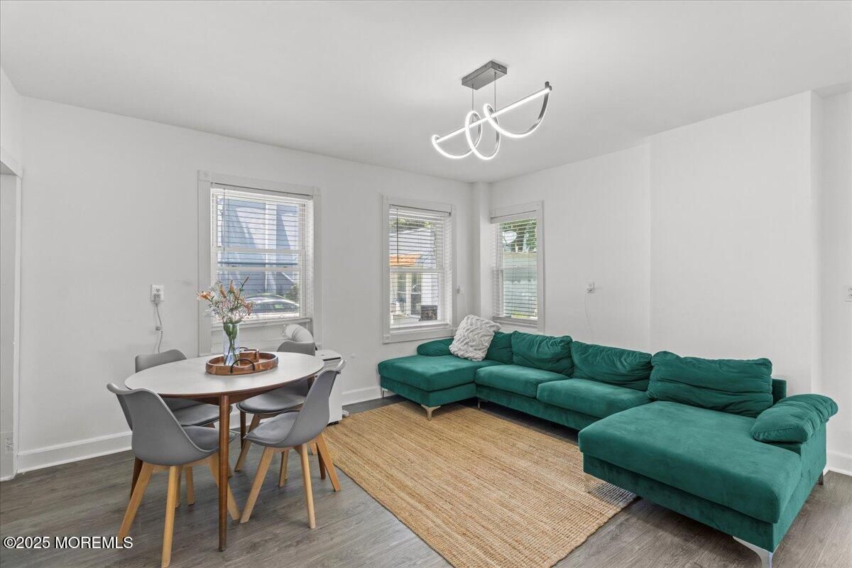 Dining room, Interior, Living room, Pendant Lights, Wood Texture Flooring
