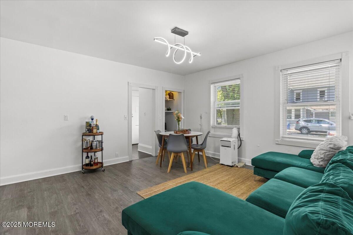 Dining room, Interior, Living room, Pendant Lights, Wood Texture Flooring