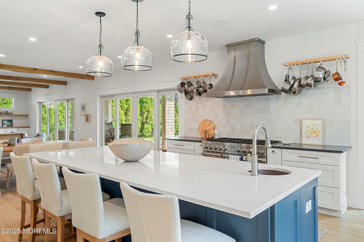 Interior, Kitchen, Pendant Lights, Recessed Lighting, Stainless Steel Appliances, Wooden Beams, Wood Texture Flooring