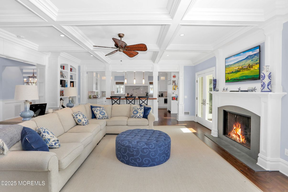 Fireplace, Interior, Kitchen, Living room, Recessed Lighting, Wood Texture Flooring