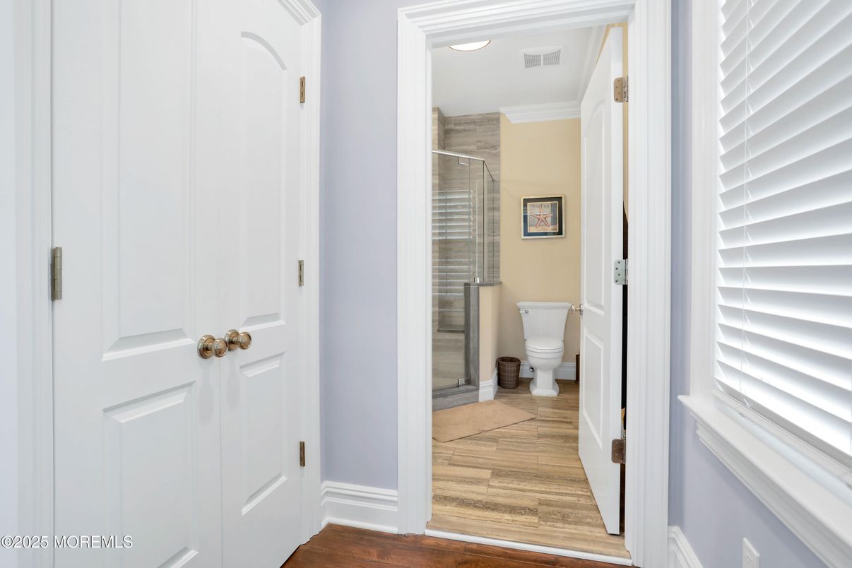 Bathroom, Glass Shower, Interior, Recessed Lighting, Wood Texture Flooring