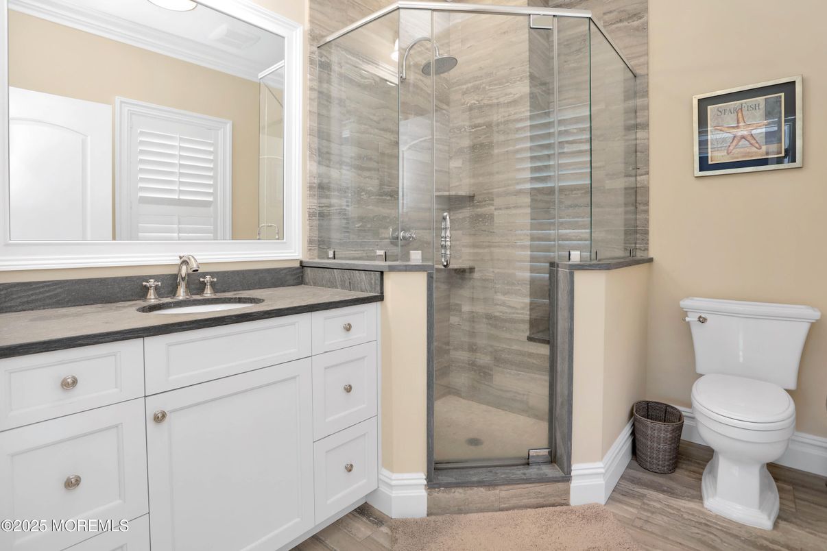 Bathroom, Glass Shower, Interior, Wood Texture Flooring