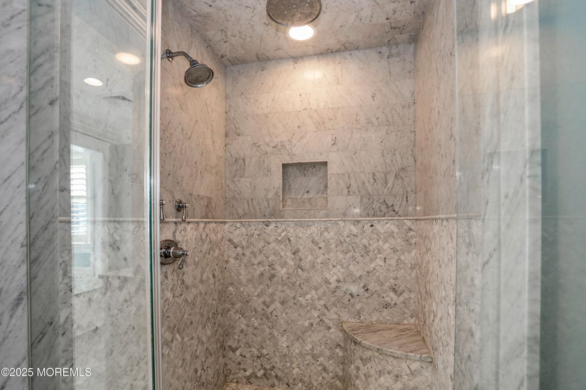 Bathroom, Glass Shower, Interior, Marble Walls, Recessed Lighting
