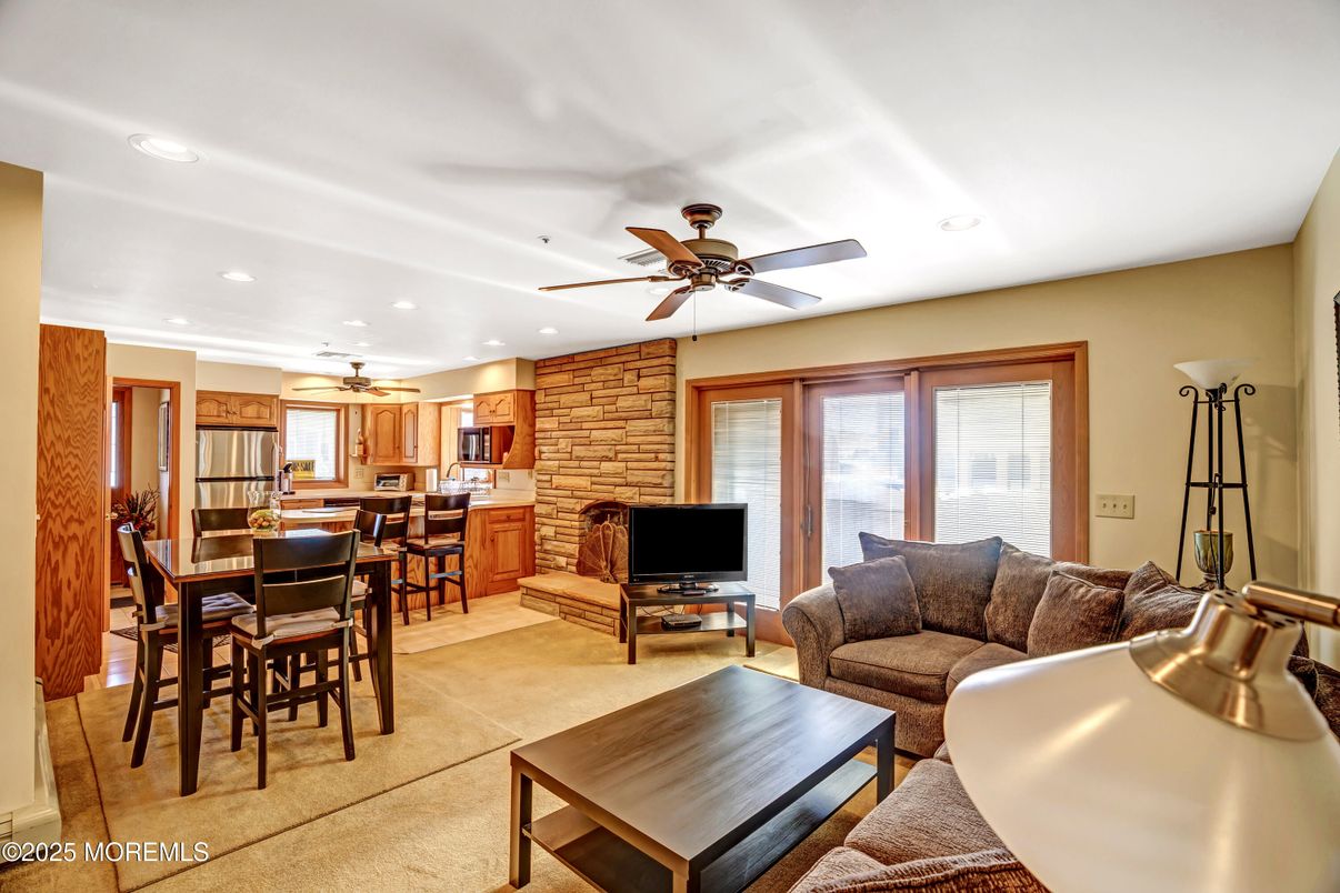 Dining room, Interior, Kitchen, Living room, Recessed Lighting, Stone Walls