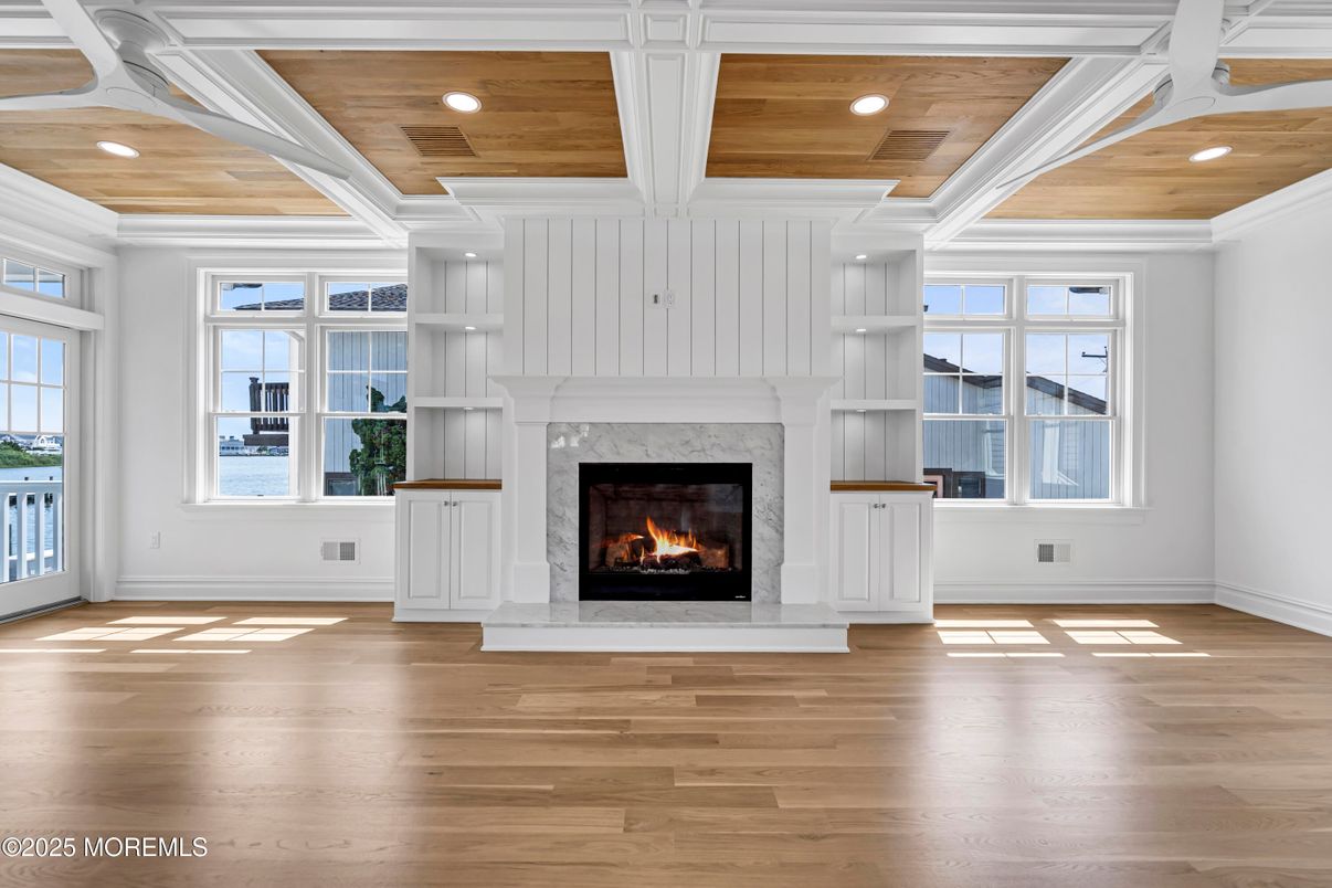 Empty room, Fireplace, Interior, Recessed Lighting, Wooden Ceilings, Wood Texture Flooring