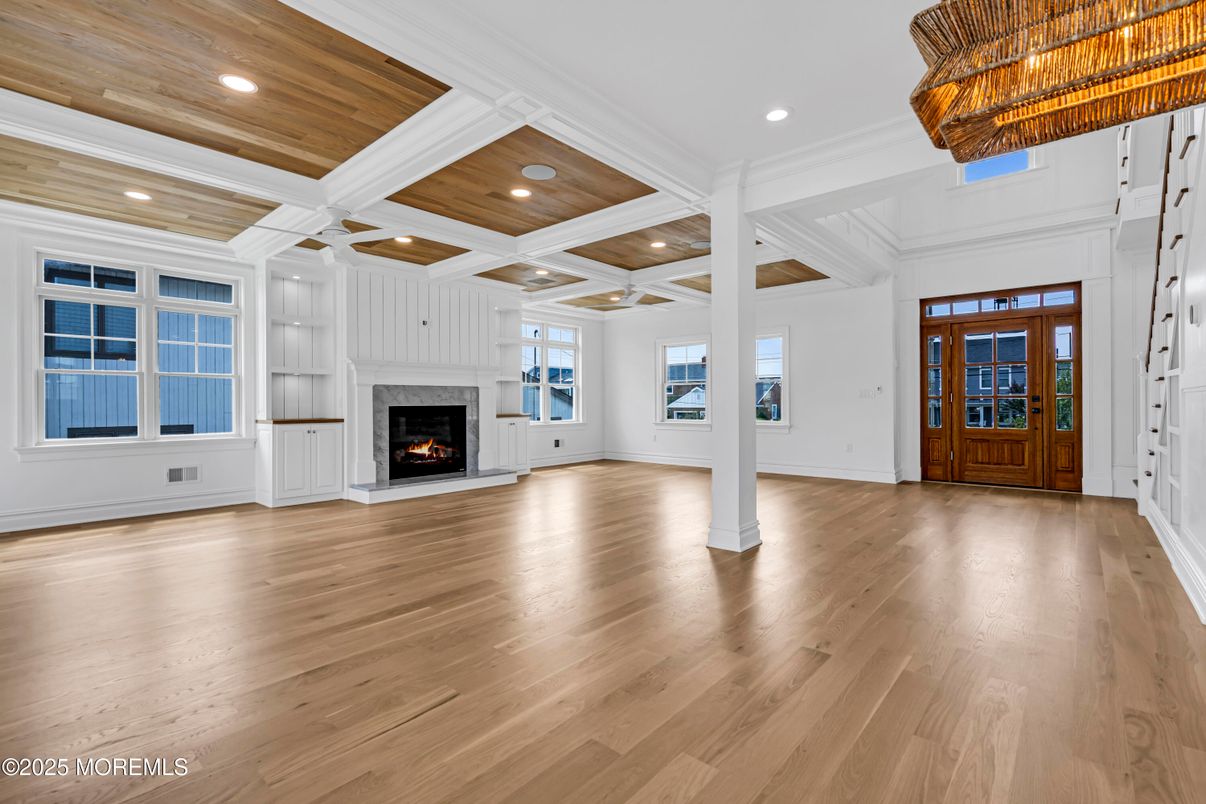 Empty room, Fireplace, Interior, Recessed Lighting, Wood Texture Flooring