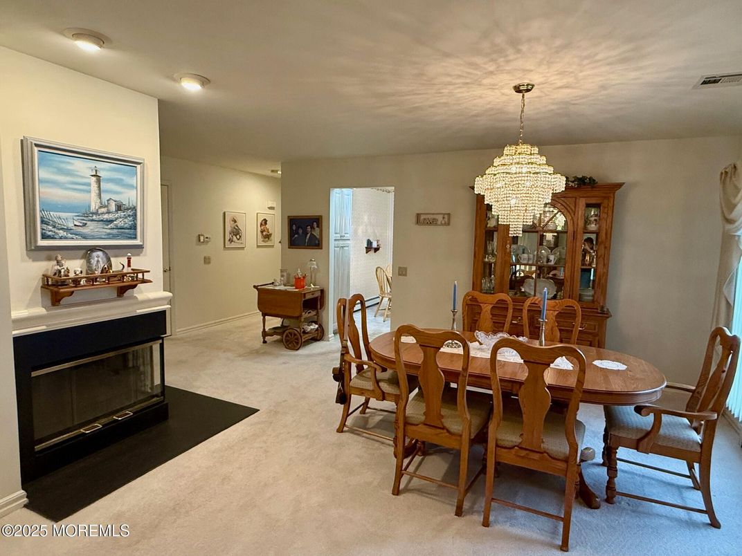 Chandelier, Dining room, Fireplace, Interior