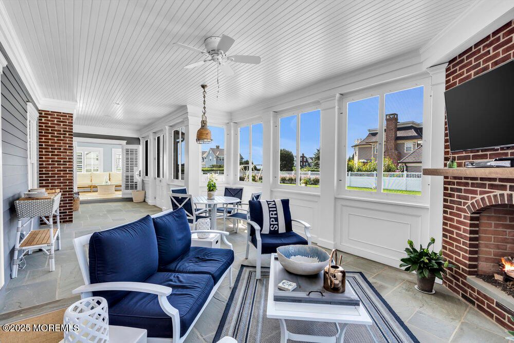 Dining room, Fireplace, Interior, Pendant Lights, Stone Walls, Sun Room