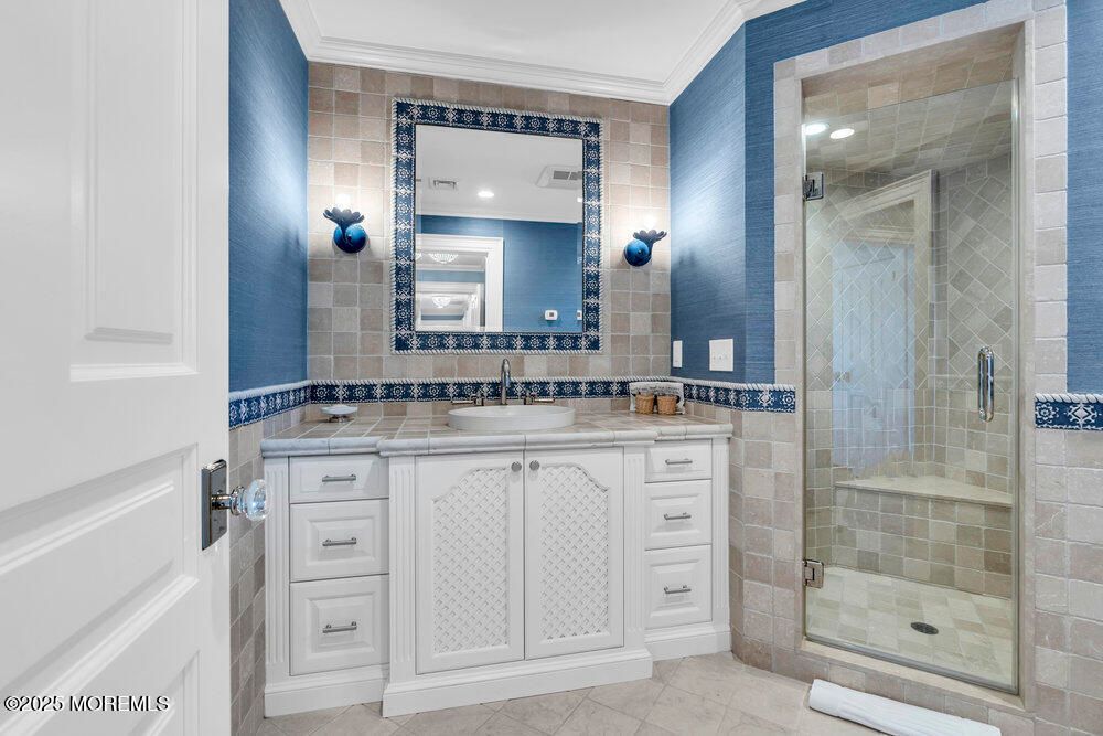 Bathroom, Glass Shower, Interior, Recessed Lighting, Tile Countertops