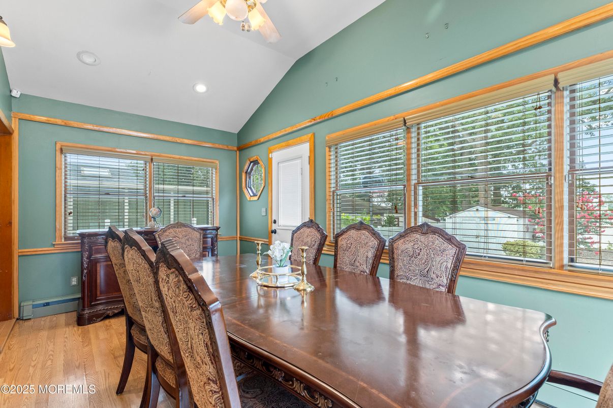Dining room, Interior, Recessed Lighting, Wood Texture Flooring