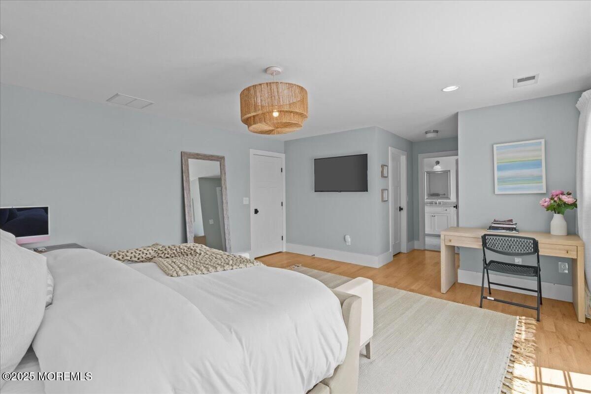 Bedroom, Chandelier, Home Office, Interior, Recessed Lighting, Wood Texture Flooring