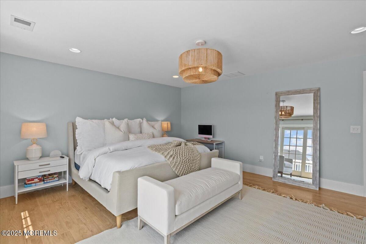 Bedroom, Chandelier, Interior, Recessed Lighting, Wood Texture Flooring