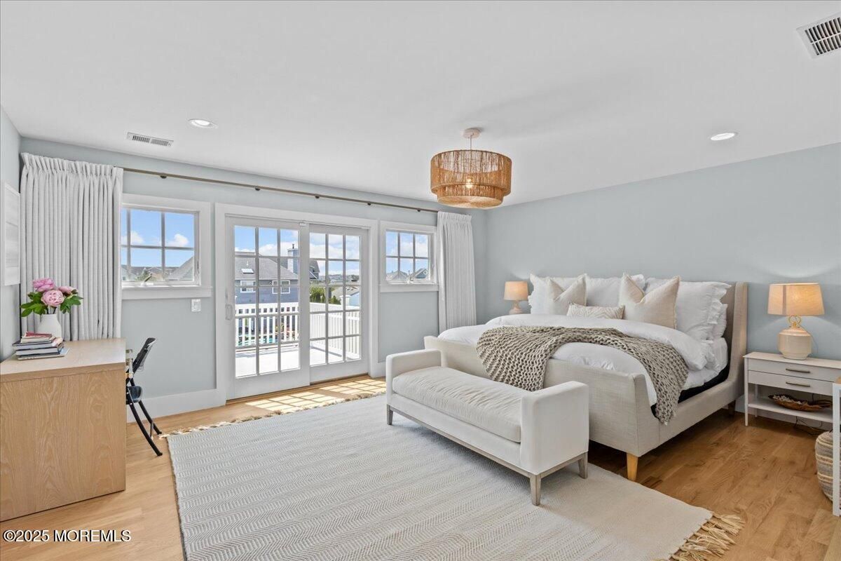 Bedroom, Chandelier, Interior, Recessed Lighting, Wood Texture Flooring