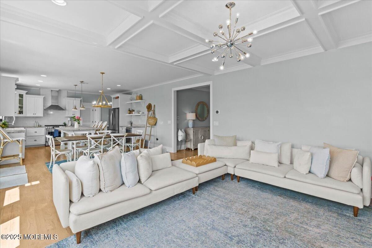 Dining room, Interior, Kitchen, Living room, Pendant Lights, Recessed Lighting, Stainless Steel Appliances, Wood Texture Flooring